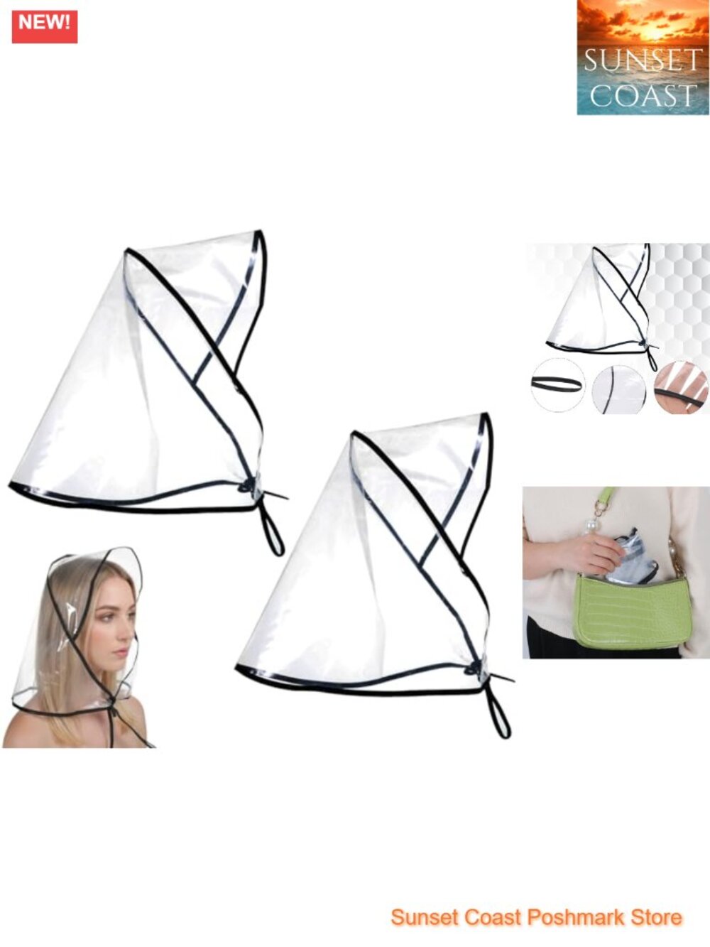 Transparent Reusable Rain Bonnet with Visor for Women, 2 Pcs